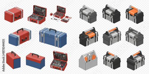 Isometric set of various toolboxes, open and closed, with tools and accessories for repair and construction work.
