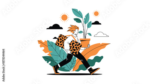 Stylish man walks confidently through a tropical environment while carrying a large potted plant and a patterned bag.