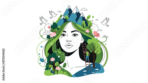 Portrait of woman features hair as a lush mountain landscape, complete with birds, trees, and a climbing man.