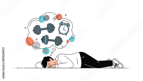 Man lies on the floor dreaming about fitness goals, dumbbells, and an early morning alarm clock for his daily workout.