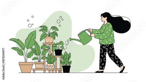 Dedicated woman carefully waters a variety of lush green houseplants arranged on stylish stands in her indoor garden.