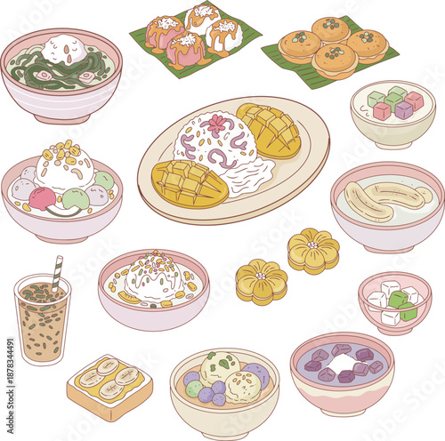 Thai Desserts and Traditional Sweets Illustration Collection