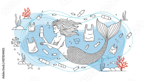 Mermaid swimming underwater is surrounded by plastic waste such as bottles and bags representing marine environmental pollution.