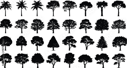 Set of diverse tree silhouettes including palm trees, pines, and deciduous forest species for landscape design, nature environment, and outdoor vector illustration projects.