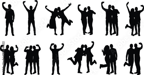 Set of diverse people silhouettes taking selfies and posing with smartphones, happy friends and couples capturing moments for social media vector illustration content.