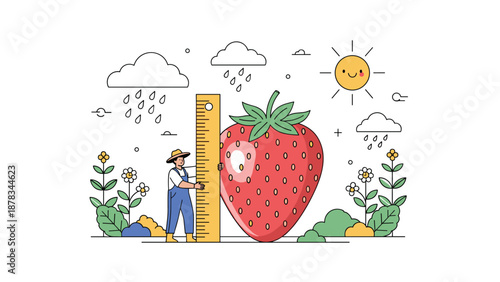 Tiny farmer is measuring a giant red strawberry with a large wooden ruler in a garden under the sun and clouds with rain.