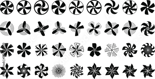 Set of fan blade silhouettes including industrial propellers, electric fan rotors, cooling system turbines, and mechanical ventilation icons for technical engineering and airflow design.