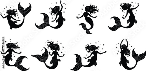 Set of graceful mermaid silhouettes with flowing hair and magical stars, underwater mythical creatures in various swimming poses for fantasy ocean vector design illustration.