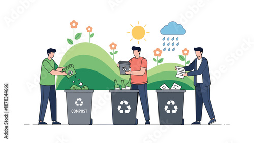 Group of people are sorting waste into different recycling bins for compost glass and paper to protect the natural environment.