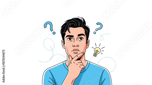 Young man is thinking deeply with question marks and a glowing lightbulb appearing above his head symbolizing an idea or solution.