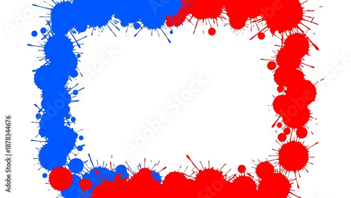 Vibrant red and blue paint splatters forming a dynamic square frame on a clean surface viewed from directly above