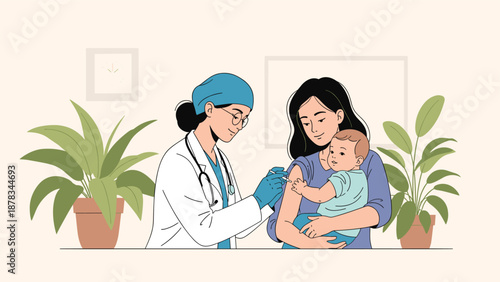 Female doctor in a medical uniform is giving a vaccination to a small baby held by its mother in a healthcare clinic setting.
