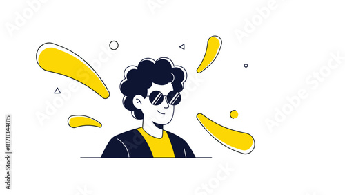 Young man with curly hair and cool sunglasses is smiling with abstract yellow shapes and minimalist elements in the background.