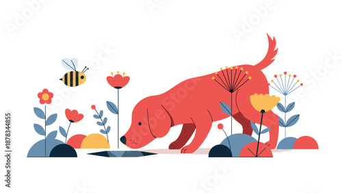 Red dog is curiously sniffing a hole in the ground surrounded by colorful flowers and a flying bumblebee in a garden.