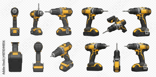 Set of cordless power drills in various angles, isolated on a transparent background, for construction and DIY projects.