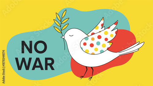 White dove carrying an olive branch is flying against a colorful background with the text No War symbolizing peace and unity.