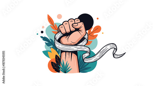 Strong fist is holding a long white ribbon against a background of colorful tropical leaves symbolizing protest and solidarity.