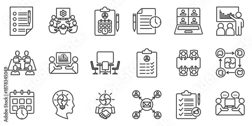 Meeting outline icon set. Contain agenda, planning, minutes meeting, online meetings, teams, business, facilitation, effectiveness, coordination, scheduling, communication. presentation, preparation