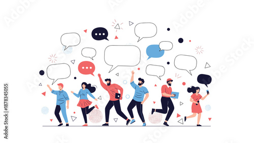 Diverse group of people are walking and carrying various objects like a laptop and microphone with speech bubbles above them.