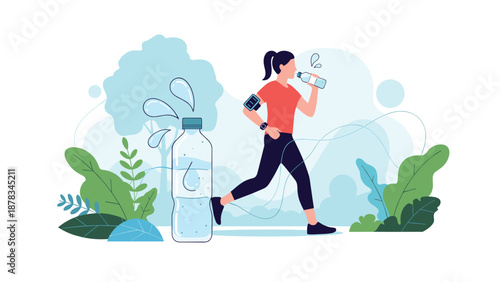 Active woman runs outdoors while drinking water from a bottle to stay hydrated during her fitness routine in a park with green trees.