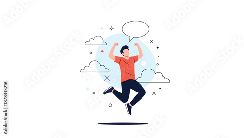 Excited man jumps with joy in a bright outdoor setting with floating clouds and a blank speech bubble representing success and happiness.