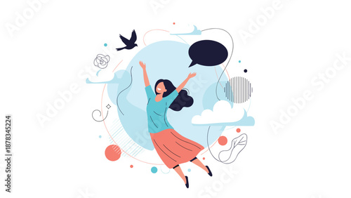 Joyful woman jumps high in the air with her arms raised while a bird flies nearby and a black speech bubble floats in the blue sky.