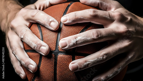 A close-up of sweaty hands gripping a basketball on a dark background