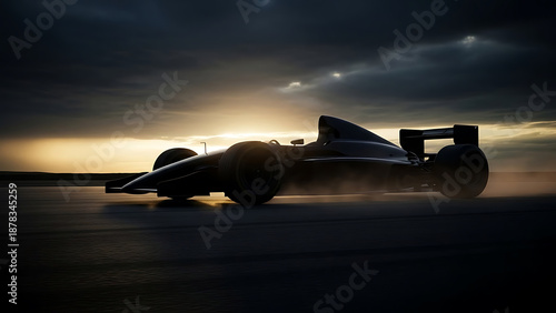 A sleek race car speeding across a track at sunset with a dramatic cloudy sky