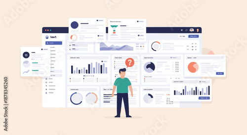 User amidst digital dashboards and data visualizations, illustrating business intelligence, analytics, and strategic insights for informed decision-making