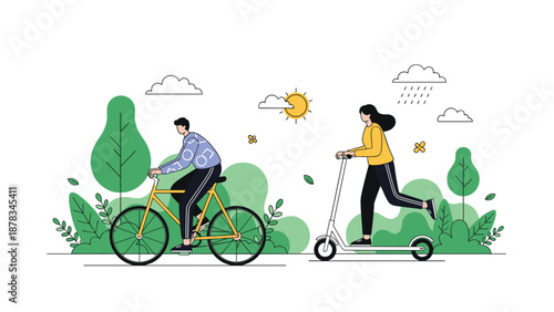 Active couple enjoys a sunny day in the park with the man riding a bicycle and the woman riding a white kick scooter among green trees.