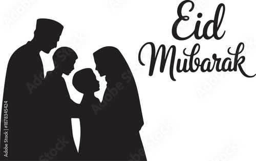 Black silhouette family with Eid Mubarak text father