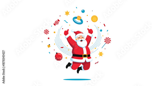 Excited santa claus jumps high into the air with a big smile while surrounded by floating candies and christmas ornaments on a white background.