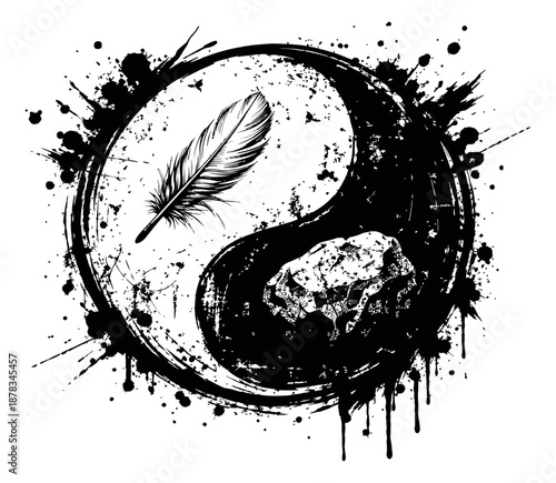 Hand drawn illustration of a grunge yin yang symbol depicting a feather and a rock for a duality concept