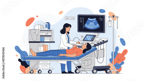 Professional female doctor performs an ultrasound examination on a pregnant patient in a modern clinic with high-tech medical equipment.