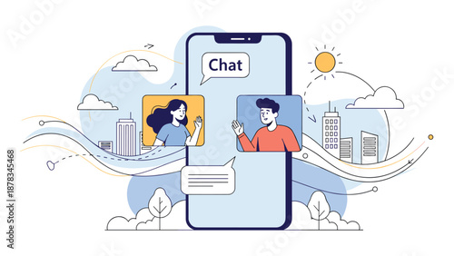 Two young people communicate through a video chat application on a giant smartphone screen in a stylized urban landscape with a sun.