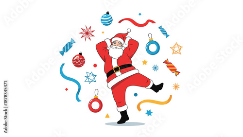Energetic santa claus dances with his hands behind his head while surrounded by festive ornaments and colorful candy on a white background.
