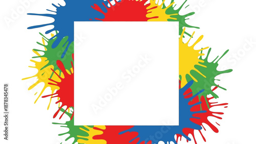 A colorful square frame with vibrant paint splatters in red, yellow, green, and blue hues surrounding a blank white center
