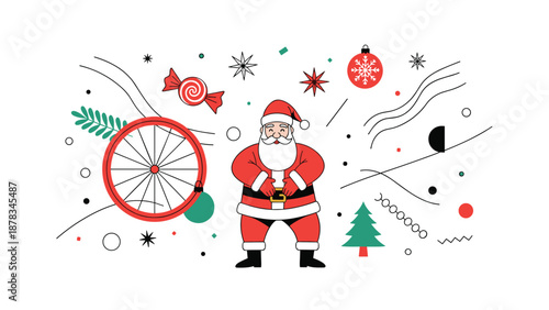 Traditional santa claus stands prominently in the center of various festive symbols like a christmas tree and a decorative red wheel.