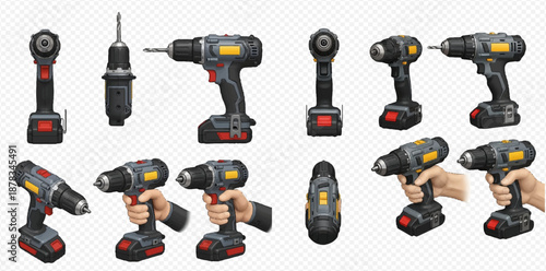 Cordless drill and screwdriver set with various views and hands holding the tool for construction and repair work.