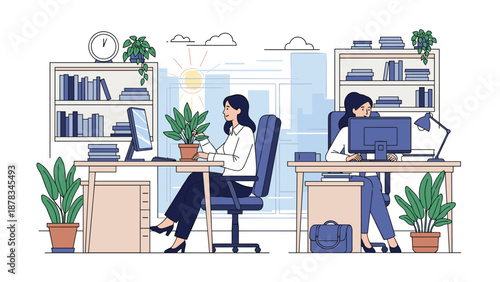 Two professional women work diligently at their desks in a bright and modern office space with bookshelves and potted green plants.