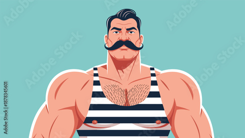 Strong circus man with a large mustache and a striped tank top stands proudly against a blue background showing his muscular physique.