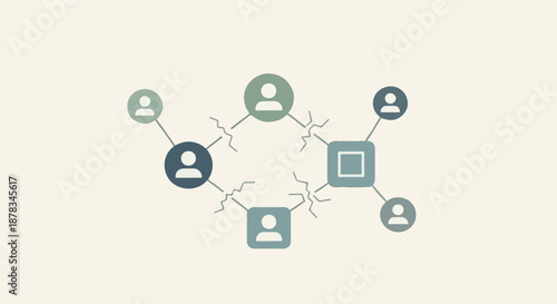 Conceptual diagram showing a decentralized network of user profiles and data points experiencing connection disruptions, symbolizing communication breakdowns or security threats