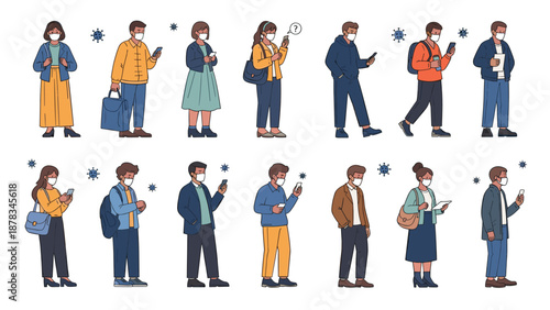 Two rows of diverse people wearing protective masks and using their smartphones while maintaining social distance in a public space.