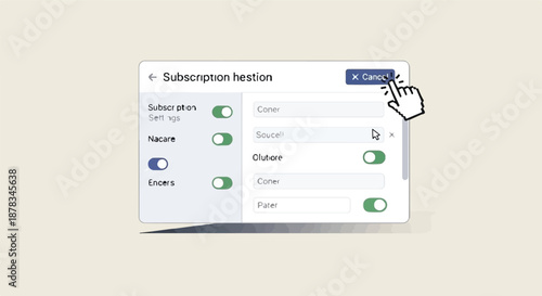 Digital user interface showing a cursor clicking the cancel button within a subscription settings dialog box, illustrating online account management and customization options for users
