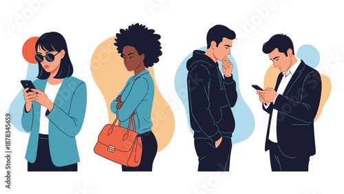 Group of four diverse people in stylish clothing stand thoughtfully while some use their mobile phones against an abstract background.