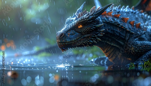 A majestic scaled creature with fiery eyes rests in the shallows of a forest pond under a gentle rain