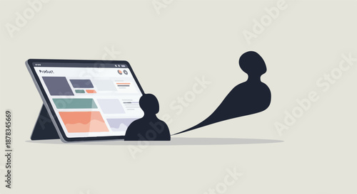 Abstract illustration of a person engaging with a digital tablet, symbolizing online presence, user interaction, data flow, and the evolving nature of digital identity and connectivity