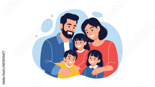 Happy family of five including parents and three children hug each other with bright smiles against a soft blue abstract background.