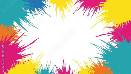 Vibrant splashes of color radiating from a central point, creating a dynamic abstract pattern on a bright background, viewed from directly above with energetic splatters