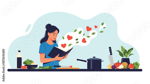 Young woman in a blue shirt reads a cookbook in the kitchen while floating hearts and leaves emerge from the pages of the recipe book.